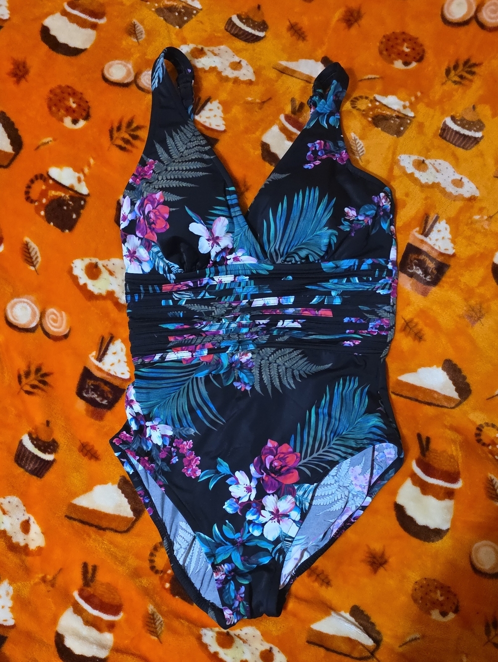 Aqua Green Black Floral Tropical One-Piece Swimsuit